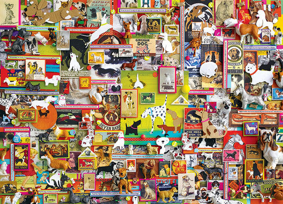A colorful jigsaw puzzle featuring a collage of various dog images and vintage dog-related memorabilia, including illustrations of different dog breeds, advertisements, and playful dog graphics in a dynamic patchwork layout.