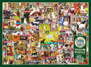 A colorful jigsaw puzzle featuring a collage of various dog illustrations, vintage advertisements, and playful dog figurines. The puzzle has a vibrant background with images of different dog breeds and related items, showcasing dogs in various poses and settings. The Cobble Hill logo is included in the bottom right corner, along with a note that a poster is included.