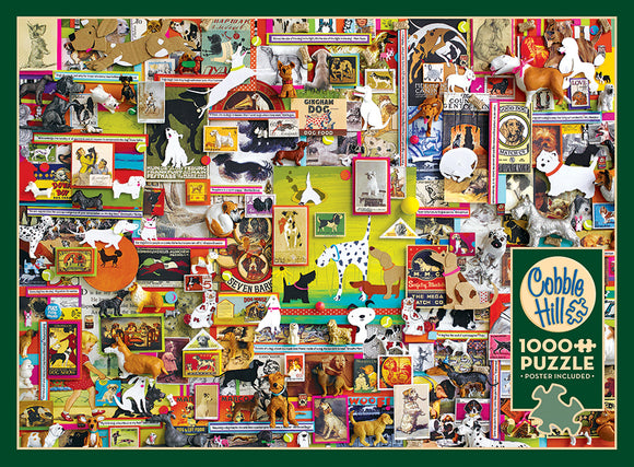 A colorful jigsaw puzzle featuring a collage of various dog illustrations, vintage advertisements, and playful dog figurines. The puzzle has a vibrant background with images of different dog breeds and related items, showcasing dogs in various poses and settings. The Cobble Hill logo is included in the bottom right corner, along with a note that a poster is included.