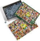 A colorful 1000-piece jigsaw puzzle featuring a vibrant assortment of dog-related images, artwork, and memorabilia, packed in a Cobble Hill branded box. The puzzle pieces are visible inside the box, while the completed image showcases a lively collage of dogs in various poses and settings.