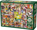 Dogtown jigsaw puzzle featuring a collage of various dog images and vintage dog-themed posters, presented in a colorful and intricate design by Cobble Hill. The puzzle contains 1000+ pieces with a poster included.