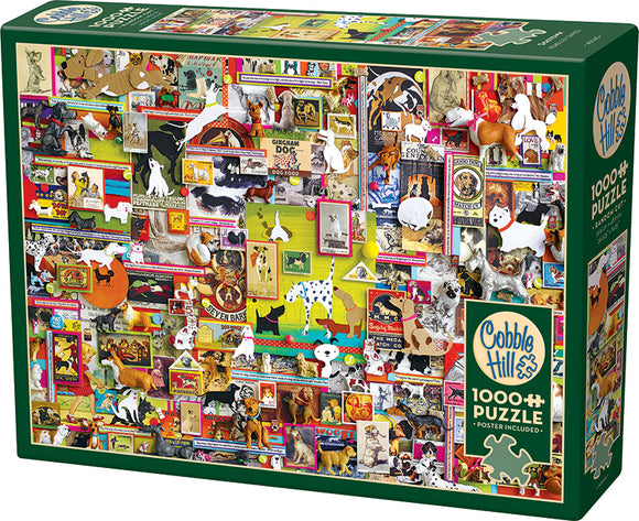 Dogtown jigsaw puzzle featuring a collage of various dog images and vintage dog-themed posters, presented in a colorful and intricate design by Cobble Hill. The puzzle contains 1000+ pieces with a poster included.