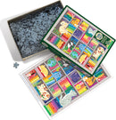 The Rainbow Cat Quilt jigsaw puzzle by Cobble Hill features a colorful illustration of various cats among vibrant rainbow-patterned bookshelves. The puzzle box is partially opened, displaying numerous interlocking pieces ready for assembly. An image of the completed puzzle is shown beside the box, highlighting the playful and whimsical design.