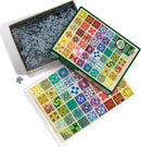 The product image showcases the Common Quilt Blocks jigsaw puzzle by Cobble Hill. The open puzzle box displays a colorful assortment of intricate quilt block designs on a puzzle board, with a portion of the jigsaw pieces visible inside the box. A single puzzle piece lies next to the box, highlighting the vibrant, detailed patterns in various colors and shapes, perfect for puzzle enthusiasts.