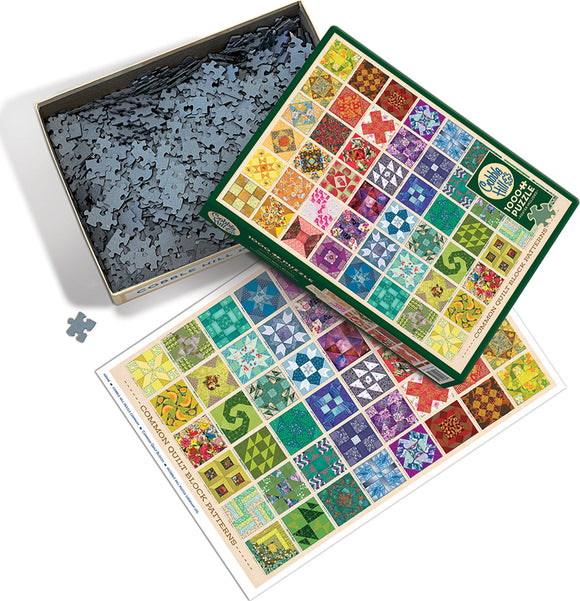 The product image showcases the Common Quilt Blocks jigsaw puzzle by Cobble Hill. The open puzzle box displays a colorful assortment of intricate quilt block designs on a puzzle board, with a portion of the jigsaw pieces visible inside the box. A single puzzle piece lies next to the box, highlighting the vibrant, detailed patterns in various colors and shapes, perfect for puzzle enthusiasts.