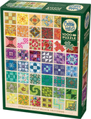 Common Quilt Blocks jigsaw puzzle by Cobble Hill featuring a colorful assortment of 1000 quilt block patterns in a grid layout on the puzzle box. Ideal for puzzle enthusiasts and quilting fans.