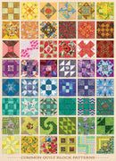 A colorful collage of quilt block patterns featuring various designs in a grid layout. The squares showcase intricate patterns in vibrant colors, including flowers, geometric shapes, and floral motifs. Ideal for puzzle enthusiasts and quilting fans, this jigsaw puzzle by Cobble Hill presents a delightful challenge while celebrating the art of quilting.