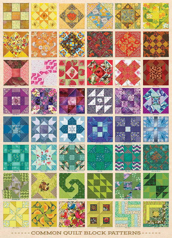 A colorful collage of quilt block patterns featuring various designs in a grid layout. The squares showcase intricate patterns in vibrant colors, including flowers, geometric shapes, and floral motifs. Ideal for puzzle enthusiasts and quilting fans, this jigsaw puzzle by Cobble Hill presents a delightful challenge while celebrating the art of quilting.