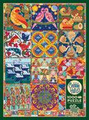 A vibrant and colorful jigsaw puzzle featuring a festive quilt design titled 'Twelve Days of Christmas'. The illustration is divided into 12 unique squares with intricate patterns, including birds, animals, and holiday motifs. Each section showcases rich colors and whimsical designs, perfect for the holiday season. The puzzle is made by Cobble Hill and has 1000 pieces, with a poster included for reference.