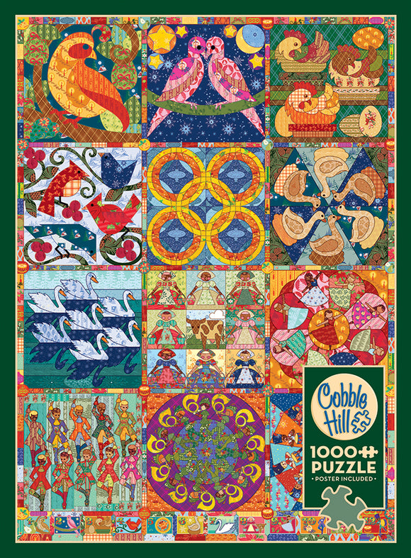A vibrant and colorful jigsaw puzzle featuring a festive quilt design titled 'Twelve Days of Christmas'. The illustration is divided into 12 unique squares with intricate patterns, including birds, animals, and holiday motifs. Each section showcases rich colors and whimsical designs, perfect for the holiday season. The puzzle is made by Cobble Hill and has 1000 pieces, with a poster included for reference.