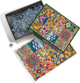 Twelve Days of Christmas Quilt jigsaw puzzle by Cobble Hill. The image shows a colorful puzzle box with a vibrant quilt design and a partially completed layout of the pieces. The box is open revealing numerous jigsaw pieces inside, alongside the cover illustration.