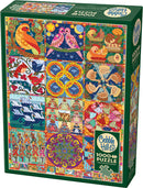 A colorful jigsaw puzzle box featuring the 'Twelve Days of Christmas' theme by Cobble Hill. The design includes intricate illustrations of birds, festive decorations, and holiday motifs, enticing puzzle enthusiasts. The box displays vibrant colors and features a variety of patterns with a note that it is a 1000-piece puzzle and includes a poster.