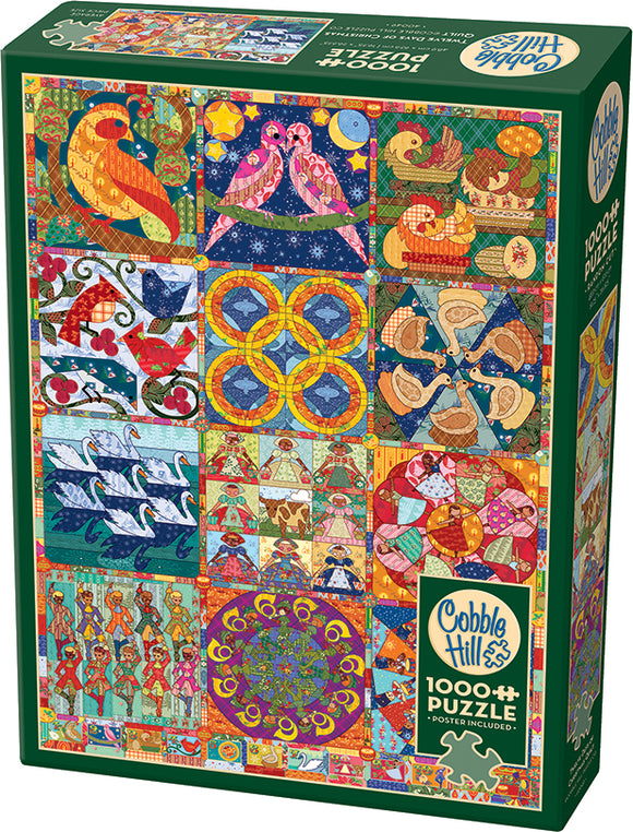 A colorful jigsaw puzzle box featuring the 'Twelve Days of Christmas' theme by Cobble Hill. The design includes intricate illustrations of birds, festive decorations, and holiday motifs, enticing puzzle enthusiasts. The box displays vibrant colors and features a variety of patterns with a note that it is a 1000-piece puzzle and includes a poster.
