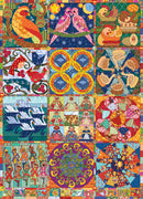 Colorful Twelve Days of Christmas Quilt jigsaw puzzle featuring intricate designs in each of the 12 squares, depicting animals, patterns, and festive themes. The quilt is vibrant, showcasing a rich blend of colors and whimsical characters, creating a joyful holiday atmosphere.