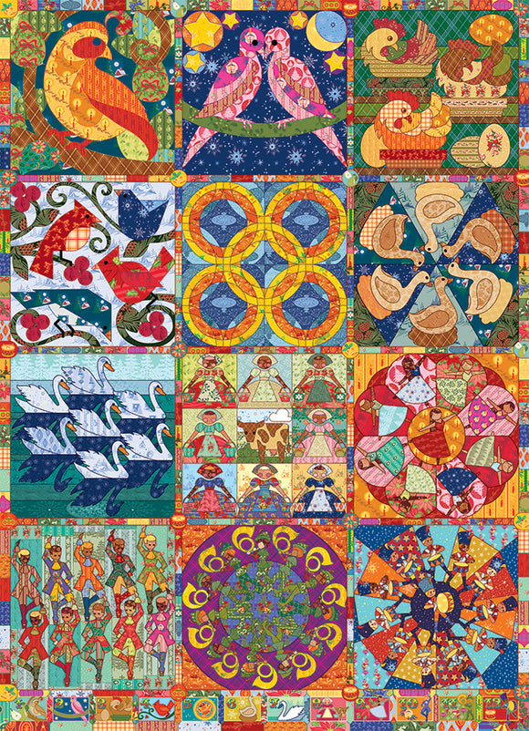 Colorful Twelve Days of Christmas Quilt jigsaw puzzle featuring intricate designs in each of the 12 squares, depicting animals, patterns, and festive themes. The quilt is vibrant, showcasing a rich blend of colors and whimsical characters, creating a joyful holiday atmosphere.