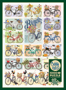 Cobble Hill Bicycles jigsaw puzzle featuring 16 vintage-style illustrations of bicycles, each adorned with unique decorations such as flowers, baskets, and seasonal items. The design is colorful and charming, perfect for bicycle lovers and puzzle enthusiasts alike. It comes with a poster included.