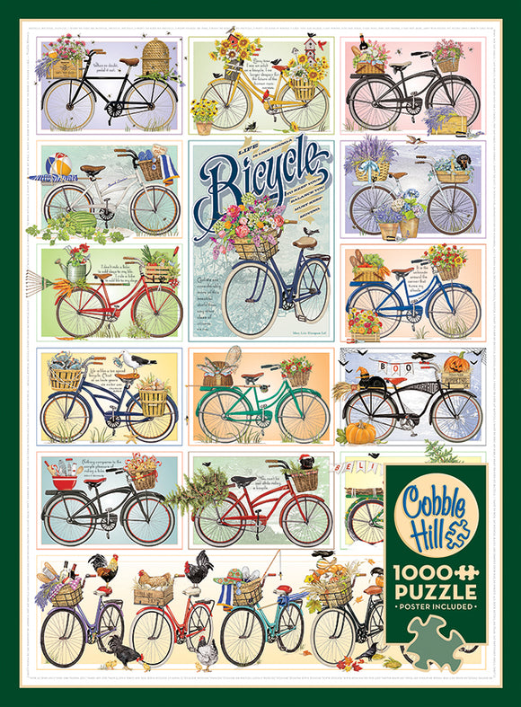 Cobble Hill Bicycles jigsaw puzzle featuring 16 vintage-style illustrations of bicycles, each adorned with unique decorations such as flowers, baskets, and seasonal items. The design is colorful and charming, perfect for bicycle lovers and puzzle enthusiasts alike. It comes with a poster included.