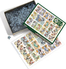 A colorful jigsaw puzzle by Cobble Hill featuring an assortment of bicycles in various styles and designs. The box is open, revealing many intricate pieces inside, while a picture of the completed puzzle lies next to it, showcasing vibrant illustrations of bikes adorned with flowers and playful elements.
