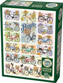 Cobble Hill 1000-piece jigsaw puzzle featuring various colorful bicycles in artistic illustrations. Each bike is adorned with flowers, baskets, and decorative items, showcasing a whimsical collection. The puzzle offers an engaging challenge with beautiful imagery.