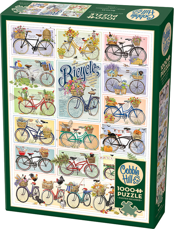 Cobble Hill 1000-piece jigsaw puzzle featuring various colorful bicycles in artistic illustrations. Each bike is adorned with flowers, baskets, and decorative items, showcasing a whimsical collection. The puzzle offers an engaging challenge with beautiful imagery.