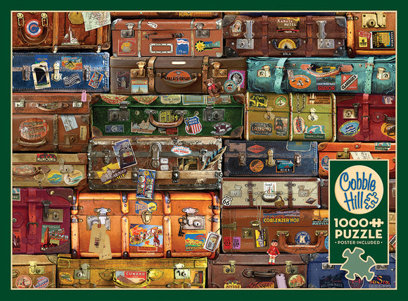 A colorful jigsaw puzzle featuring a collage of vintage luggage and suitcases adorned with various travel stickers and labels. The design showcases an array of different shapes, sizes, and colors of suitcases, evoking a sense of adventure and nostalgia. Includes a Cobble Hill logo indicating it is a 1000-piece puzzle with a poster included.