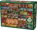 Cobble Hill jigsaw puzzle featuring a colorful collage of vintage suitcases adorned with travel stickers, showcasing a nostalgic travel theme. The puzzle contains 1000 pieces and includes a poster for reference, perfect for puzzle enthusiasts and collectors.