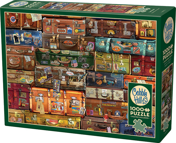 Cobble Hill jigsaw puzzle featuring a colorful collage of vintage suitcases adorned with travel stickers, showcasing a nostalgic travel theme. The puzzle contains 1000 pieces and includes a poster for reference, perfect for puzzle enthusiasts and collectors.