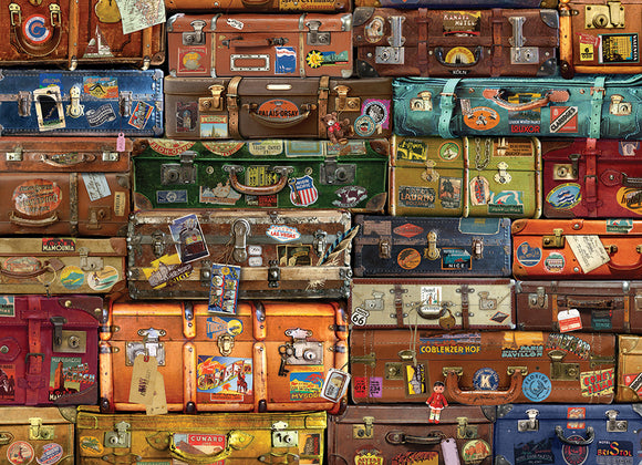 A colorful collection of vintage luggage with various travel stickers and labels, arranged closely together. The suitcases feature a range of colors including orange, blue, green, and brown, all decorated with travel memorabilia such as tags and postcards, evoking a nostalgic travel theme.