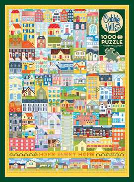 The Cobble Hill 'Home Sweet Home' jigsaw puzzle features a vibrant collage of colorful houses and buildings. The design showcases a variety of architectural styles, with intricate details and a cheerful color palette. The puzzle includes 1000 pieces and comes with a poster for reference. Perfect for family fun or a cozy evening activity.