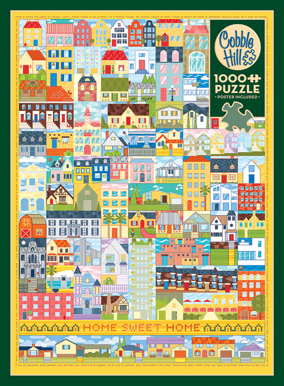 The Cobble Hill 'Home Sweet Home' jigsaw puzzle features a vibrant collage of colorful houses and buildings. The design showcases a variety of architectural styles, with intricate details and a cheerful color palette. The puzzle includes 1000 pieces and comes with a poster for reference. Perfect for family fun or a cozy evening activity.