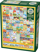 Cobble Hill jigsaw puzzle titled 'Home Sweet Home', featuring a colorful collage of various house designs in a vibrant art style. The puzzle box displays illustrations of charming homes arranged in a grid format, highlighting intricate details and bright colors. Includes a poster for reference.