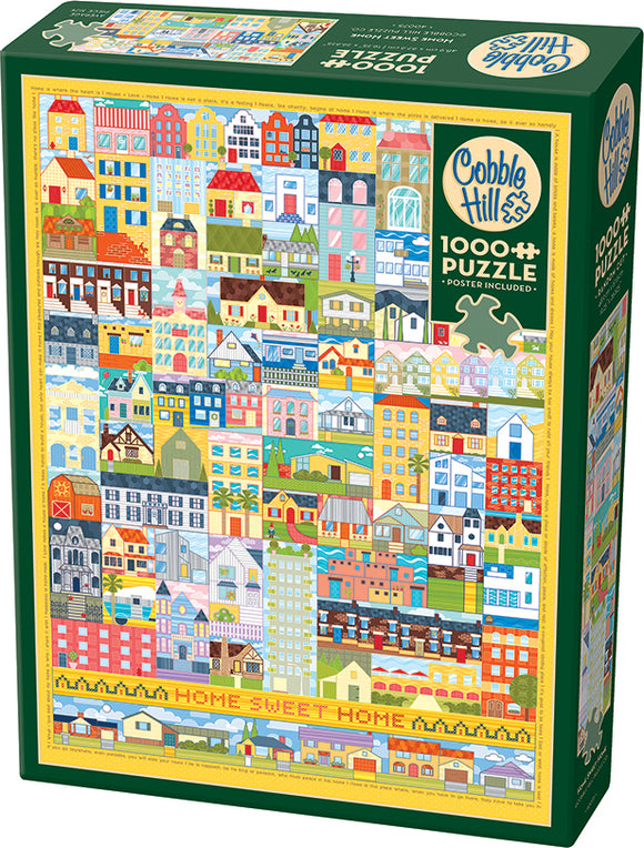 Cobble Hill jigsaw puzzle titled 'Home Sweet Home', featuring a colorful collage of various house designs in a vibrant art style. The puzzle box displays illustrations of charming homes arranged in a grid format, highlighting intricate details and bright colors. Includes a poster for reference.