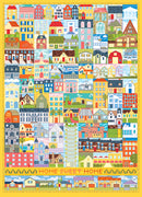 A colorful jigsaw puzzle titled 'Home Sweet Home' by Cobble Hill, featuring a collage of various houses and architectural styles arranged in a grid. The image is vibrant and whimsical, showcasing homes in different shapes, sizes, and colors, with a prominent banner at the bottom reading 'HOME SWEET HOME'.