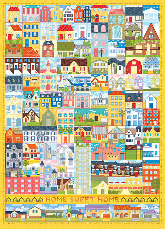 A colorful jigsaw puzzle titled 'Home Sweet Home' by Cobble Hill, featuring a collage of various houses and architectural styles arranged in a grid. The image is vibrant and whimsical, showcasing homes in different shapes, sizes, and colors, with a prominent banner at the bottom reading 'HOME SWEET HOME'.
