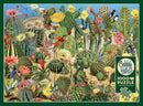 Cactus Garden jigsaw puzzle by Cobble Hill features a vibrant illustration of various cacti and flowers, populated by colorful birds. The scene showcases a rich diversity of plant life, creating an engaging and intricate puzzle experience. Includes a poster for reference.