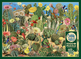 Cactus Garden jigsaw puzzle by Cobble Hill features a vibrant illustration of various cacti and flowers, populated by colorful birds. The scene showcases a rich diversity of plant life, creating an engaging and intricate puzzle experience. Includes a poster for reference.