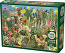 A colorful jigsaw puzzle box titled 'Cactus Garden' by Cobble Hill, featuring a vibrant illustration of various cacti and flowers with hummingbirds. The puzzle contains 1000 pieces and includes a poster.