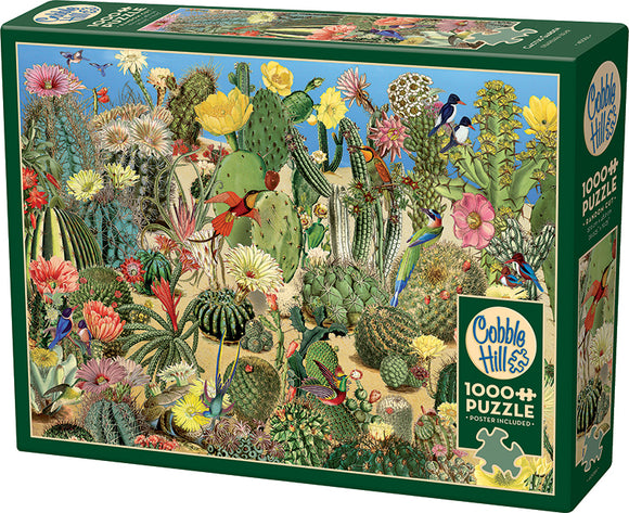 A colorful jigsaw puzzle box titled 'Cactus Garden' by Cobble Hill, featuring a vibrant illustration of various cacti and flowers with hummingbirds. The puzzle contains 1000 pieces and includes a poster.