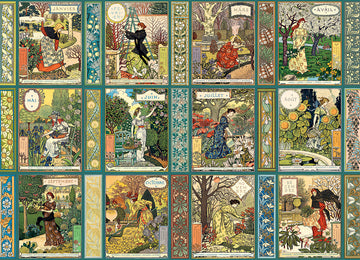 A beautifully illustrated jigsaw puzzle featuring 12 monthly scenes, each depicting a different aspect of gardening through the seasons. Each month displays vibrant colors and intricate details, showcasing flowers, plants, and the activities of a gardener throughout the year.