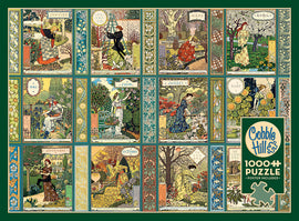 A 1000-piece jigsaw puzzle by Cobble Hill features a decorative calendar design. Each month is beautifully illustrated with scenes of gardening and nature, showcasing various flowering plants and women engaged in gardening activities throughout the seasons. The puzzle is framed with intricate patterns and includes a poster.