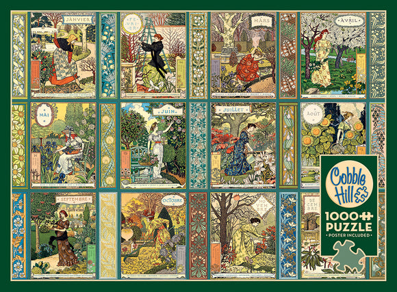 A 1000-piece jigsaw puzzle by Cobble Hill features a decorative calendar design. Each month is beautifully illustrated with scenes of gardening and nature, showcasing various flowering plants and women engaged in gardening activities throughout the seasons. The puzzle is framed with intricate patterns and includes a poster.