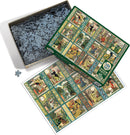 Cobble Hill jigsaw puzzle featuring the Jardiniere: A Gardener's Calendar design. The box is open, revealing intricately cut puzzle pieces and a colorful image depicting various gardening scenes across multiple panels.