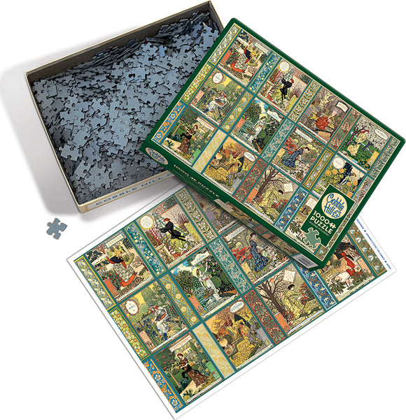 Cobble Hill jigsaw puzzle featuring the Jardiniere: A Gardener's Calendar design. The box is open, revealing intricately cut puzzle pieces and a colorful image depicting various gardening scenes across multiple panels.