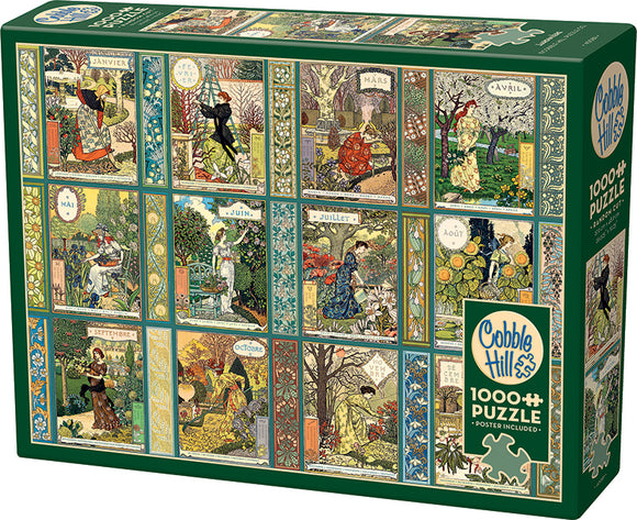 Jardiniere: A Gardener's Calendar jigsaw puzzle by Cobble Hill, featuring 12 beautifully illustrated panels depicting seasonal gardening scenes and activities throughout the year. The puzzle contains 1000 pieces and comes in a colorful box with a poster included.