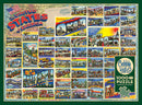 A colorful vintage jigsaw puzzle featuring American postcards, showcasing greetings from various states including California, New York, and Texas. The puzzle is designed by Cobble Hill and contains 1000 pieces, with a vibrant collage of iconic imagery and typography set against a map background. The packaging includes a poster for reference, making it a delightful nostalgic activity for puzzle enthusiasts.