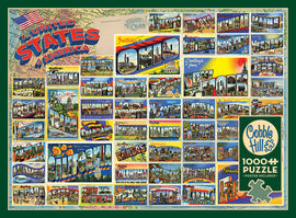 A colorful vintage jigsaw puzzle featuring American postcards, showcasing greetings from various states including California, New York, and Texas. The puzzle is designed by Cobble Hill and contains 1000 pieces, with a vibrant collage of iconic imagery and typography set against a map background. The packaging includes a poster for reference, making it a delightful nostalgic activity for puzzle enthusiasts.