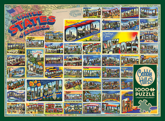 A colorful vintage jigsaw puzzle featuring American postcards, showcasing greetings from various states including California, New York, and Texas. The puzzle is designed by Cobble Hill and contains 1000 pieces, with a vibrant collage of iconic imagery and typography set against a map background. The packaging includes a poster for reference, making it a delightful nostalgic activity for puzzle enthusiasts.