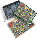 A vintage jigsaw puzzle by Cobble Hill titled 'The United States of America'. The puzzle box is open, revealing numerous interlocking pieces inside, while the puzzle image features various iconic postcards from different states. The box is green with a colorful design, and an image of the completed puzzle is shown alongside.