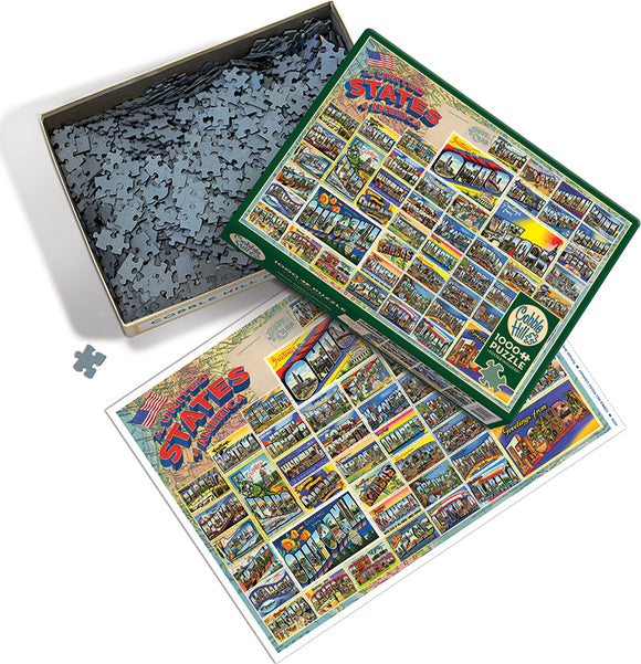 A vintage jigsaw puzzle by Cobble Hill titled 'The United States of America'. The puzzle box is open, revealing numerous interlocking pieces inside, while the puzzle image features various iconic postcards from different states. The box is green with a colorful design, and an image of the completed puzzle is shown alongside.