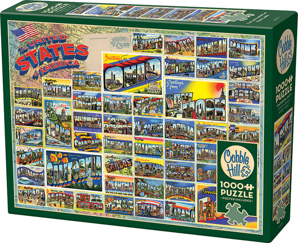 Vintage American Postcards jigsaw puzzle featuring colorful greetings from various states in the USA. The puzzle box displays a collage of postcard imagery with iconic landmarks and state names, crafted by Cobble Hill. Perfect for nostalgia lovers and puzzle enthusiasts, this 1000+ piece jigsaw offers a fun challenge for all ages.